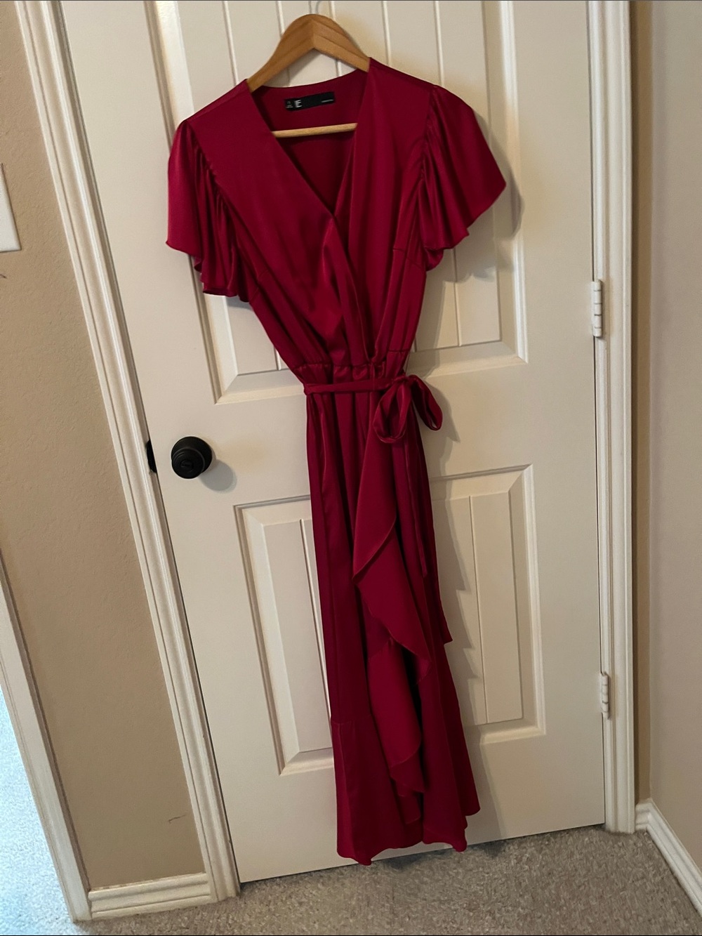 Leslie Fay Raspberry Wrap Maxi Dress with Ruffle Detail